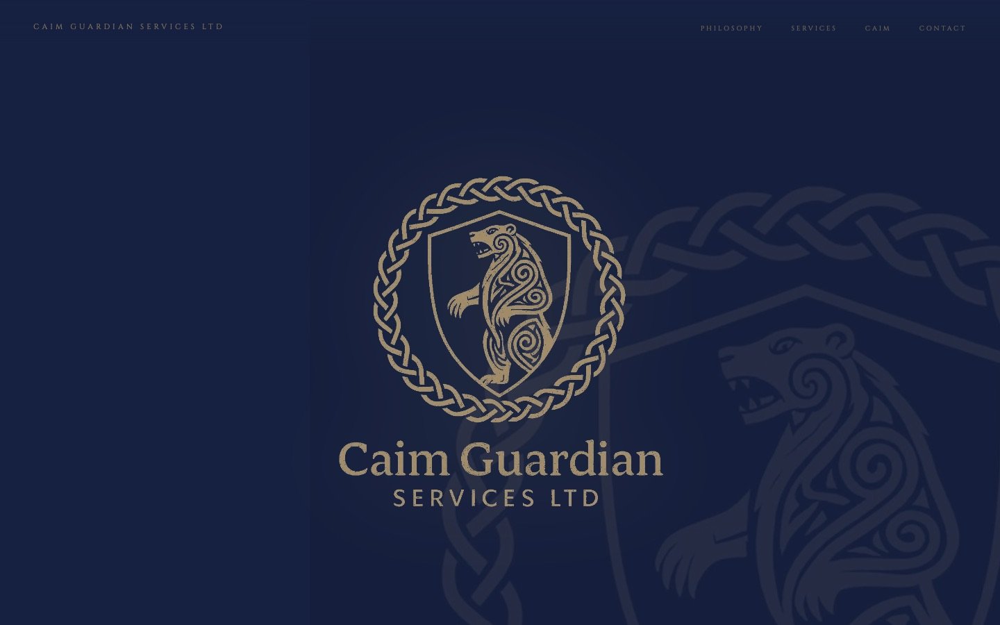 Caim Guardian Services homepage with a gold Celtic knot and bear crest on deep navy