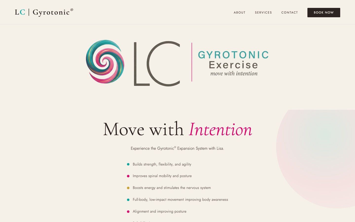 LC Gyrotonic homepage with a teal and pink spiral logo and the headline Move with Intention