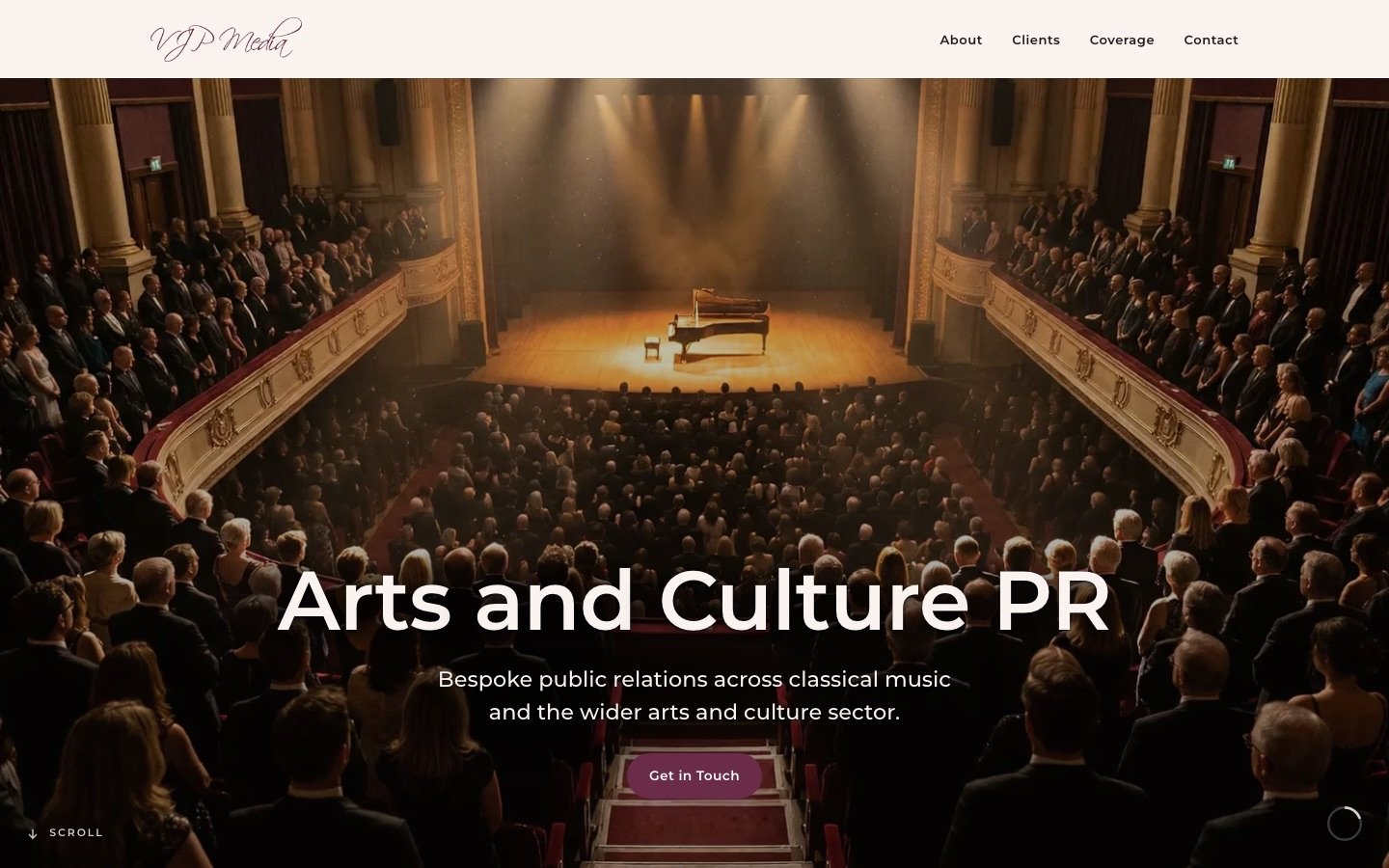 VJP Media homepage showing a concert hall with a spotlit grand piano and the headline Arts and Culture PR