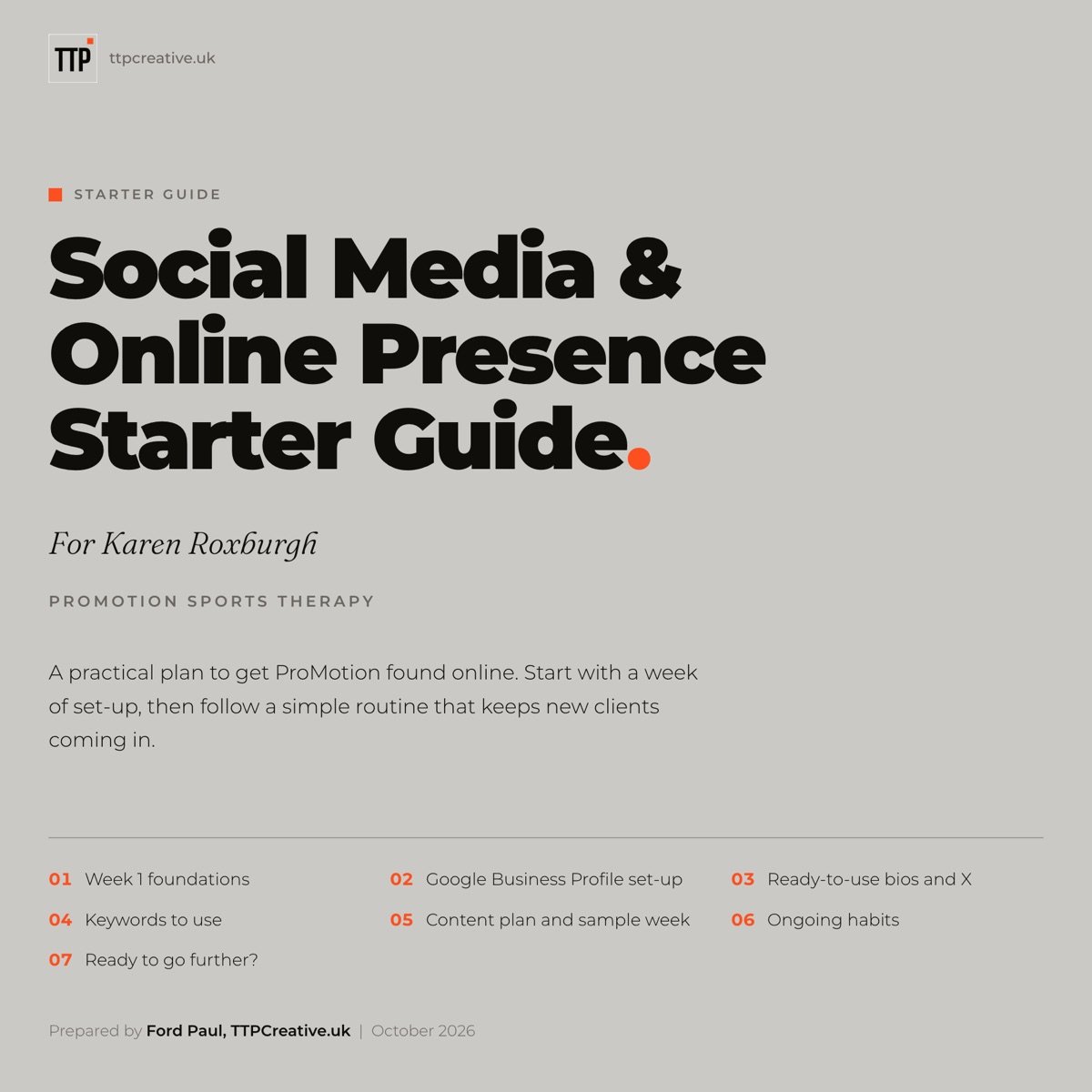 Cover of the Social Media and Online Presence Starter Guide TTPCreative.uk wrote for Karen Roxburgh of ProMotion Sports Therapy